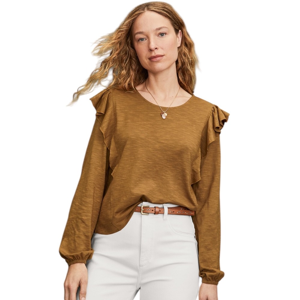 Garnet Hill Reia Ruffle Shoulder Top XL Mustard Slub Knit Long Sleeve Tee Boho